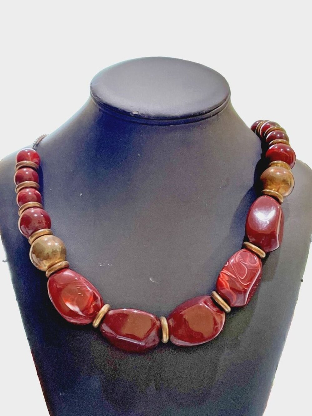 Vintage Chunky Faux Carnelian Statement Necklace Brass Accents 24"